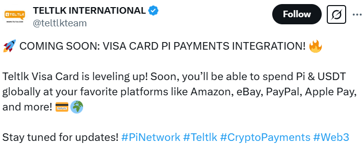 Teltlk To Launch Visa Card For Pi Coin