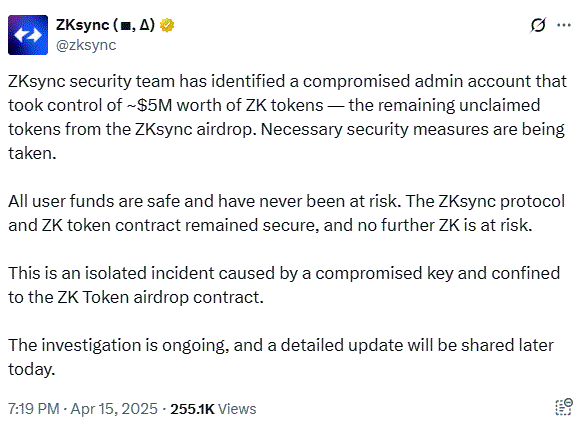 Zksync Admin Wallet Hack: $5M In Zk Tokens Stolen 2 Zksync Admin Wallet Hack