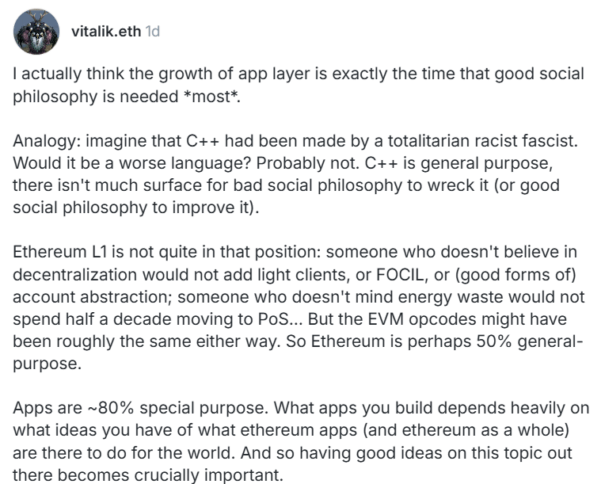 Vitalik Calls For Stronger Social Philosophy In Ethereum’s App Layer 2 Vitalik Buterin On Warpcast