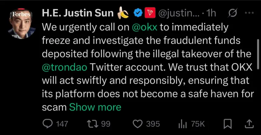 Justin Sun's deleted tweet