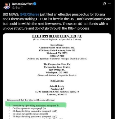 James Seyffart Tweet About Rexshares Filing Staking Etfs Based On Solana &Amp; Ethereum