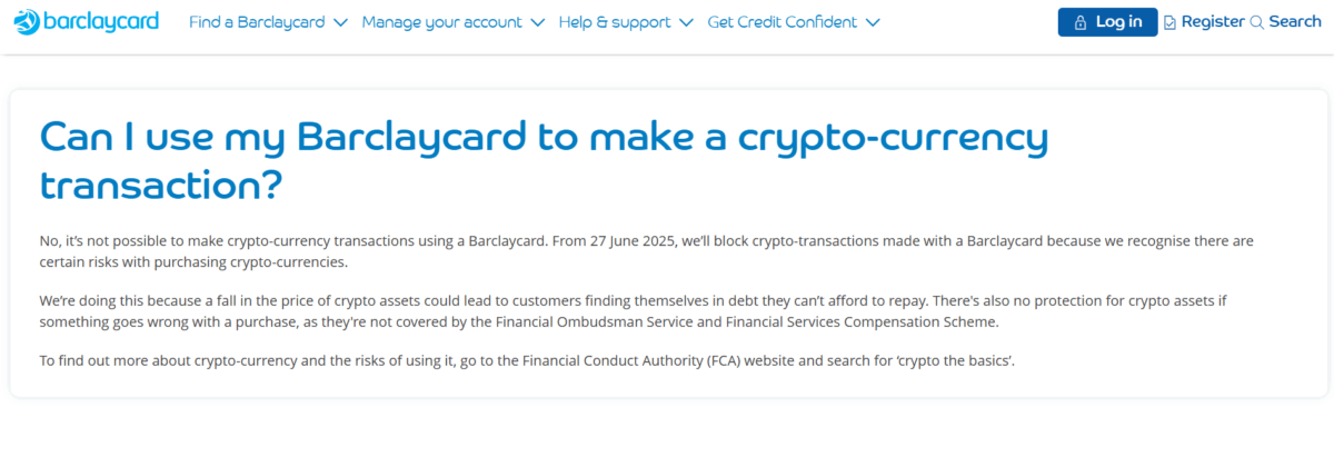 Barclaycard Bank Blocks Crypto Transactions