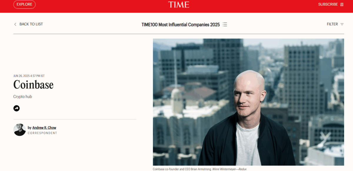 Coinbase Included In Time'S Most 100 Influential Company