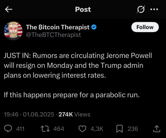 Rumors Shared On X That Powell Might Resign