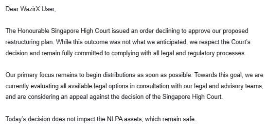 WazirX email sent to their users