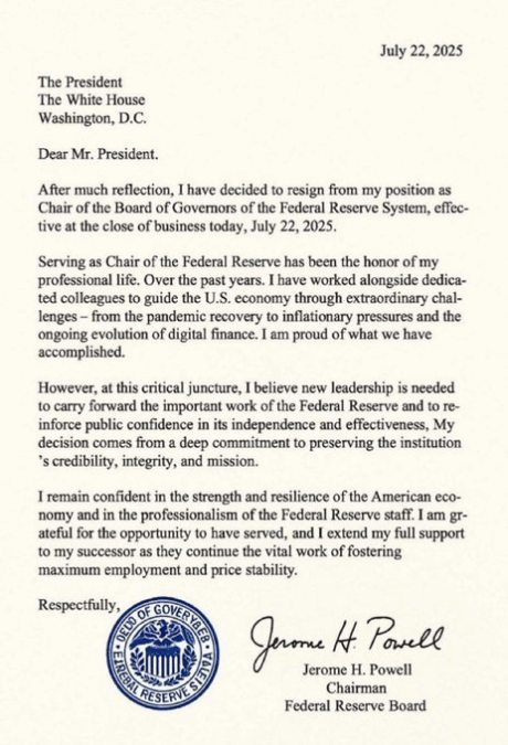 A Snapshot Of Fed Chairman Powell’s Fake Resignation Letter