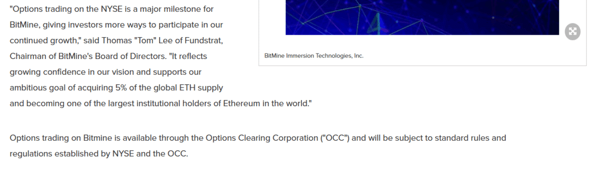 announcement of BitMine Stock Begins Options