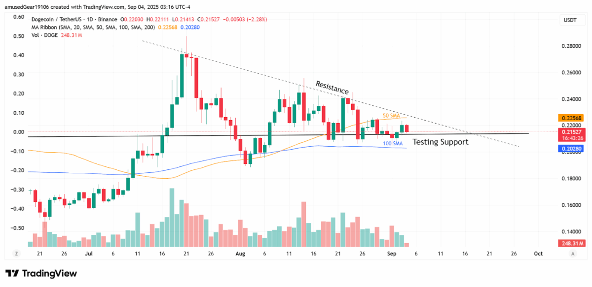 Dogecoin Price Analysis Chart Showing Price Pressured Between 50 And 100 Moving Averages Respectively.