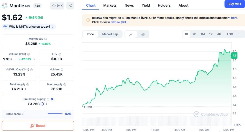Mantle (Mnt) Price Chart, Source: Coinmarketcap