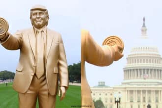 Memecoiners Unveil Giant Golden Trump Statue Holding Bitcoin