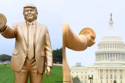 Memecoiners Unveil Giant Golden Trump Statue Holding Bitcoin