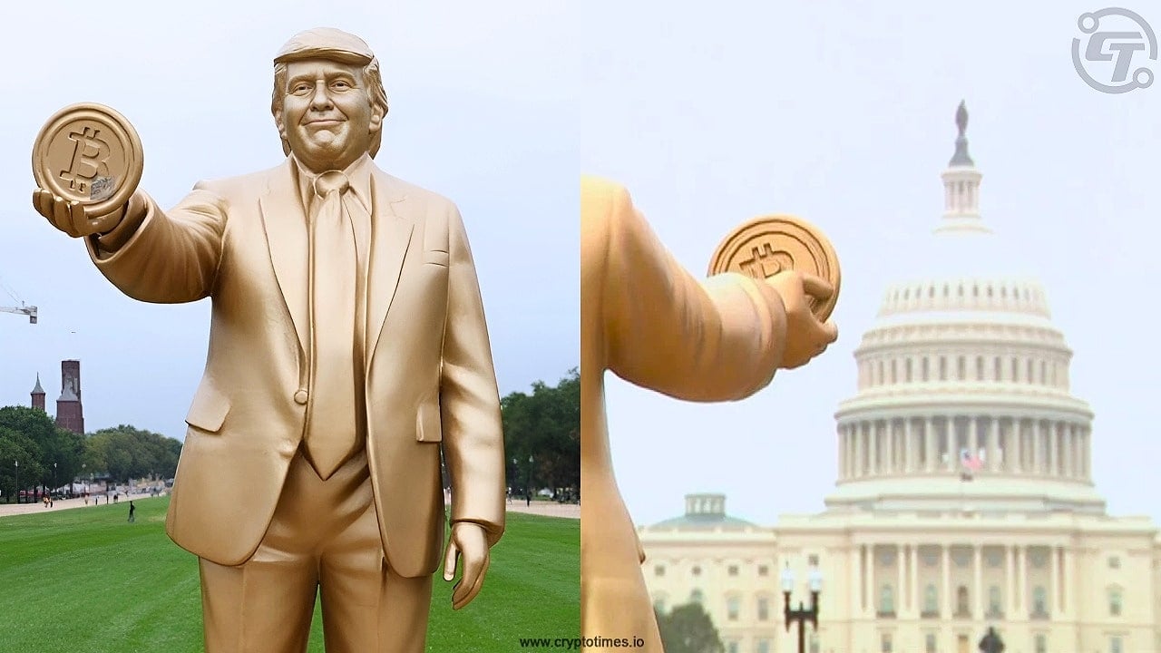 Memecoiners Unveil Giant Golden Trump Statue Holding Bitcoin