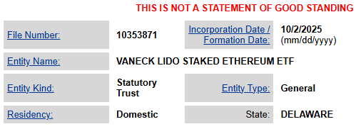 State Of Delaware- Vaneck’s Etf Filing