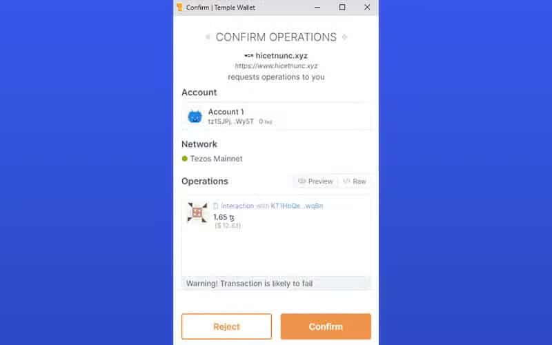 Confirm the operation on Temple Wallet