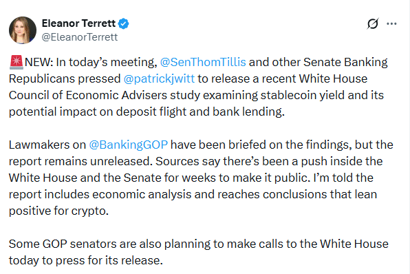 Eleanor Terrett Tweet on GOP is pushing to release a pro-crypto stablecoin report