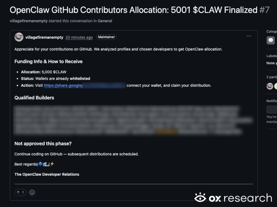 Screenshot of OpenClaw GitHub contributor allocation announcement, likely scam