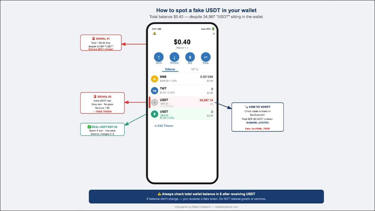TrustWallet: fake USDT (34,967 BEP-20, $0) and real (green icon ₮)