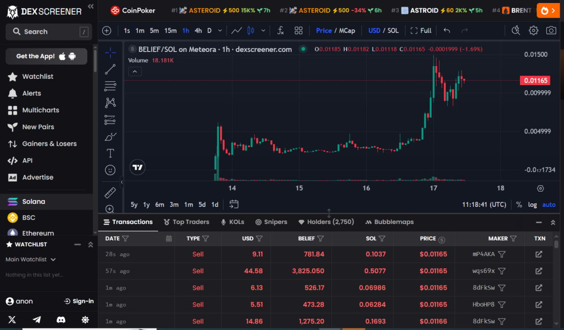 DEX Screener chart of the BELIEF token (SOL pair)