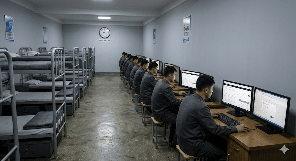 A row of men in grey uniforms sitting at computer workstations in a minimalist dormitory, illustrating a North Korean state-sponsored hacking unit known as the Lazarus Group