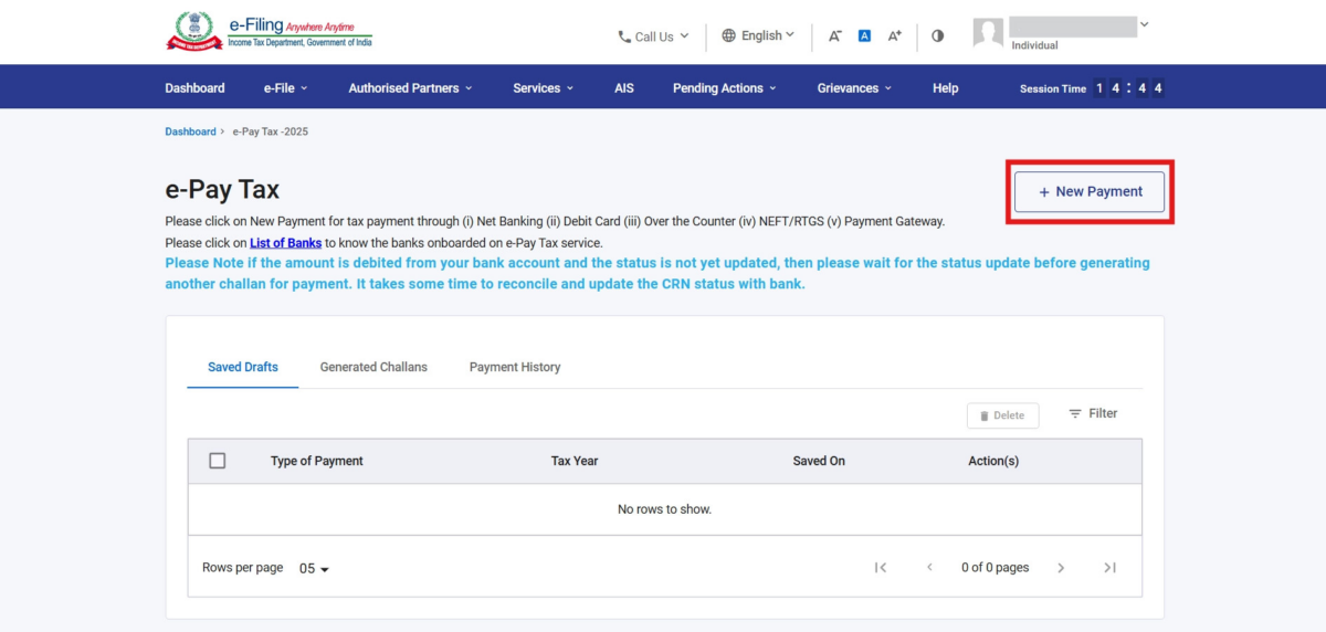 Click the + New Payment button on the top right of the e-Pay Tax page