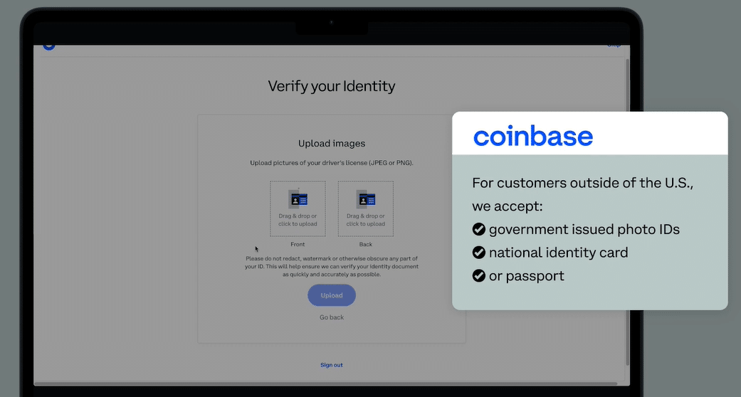 Coinbase identity verification KYC screen