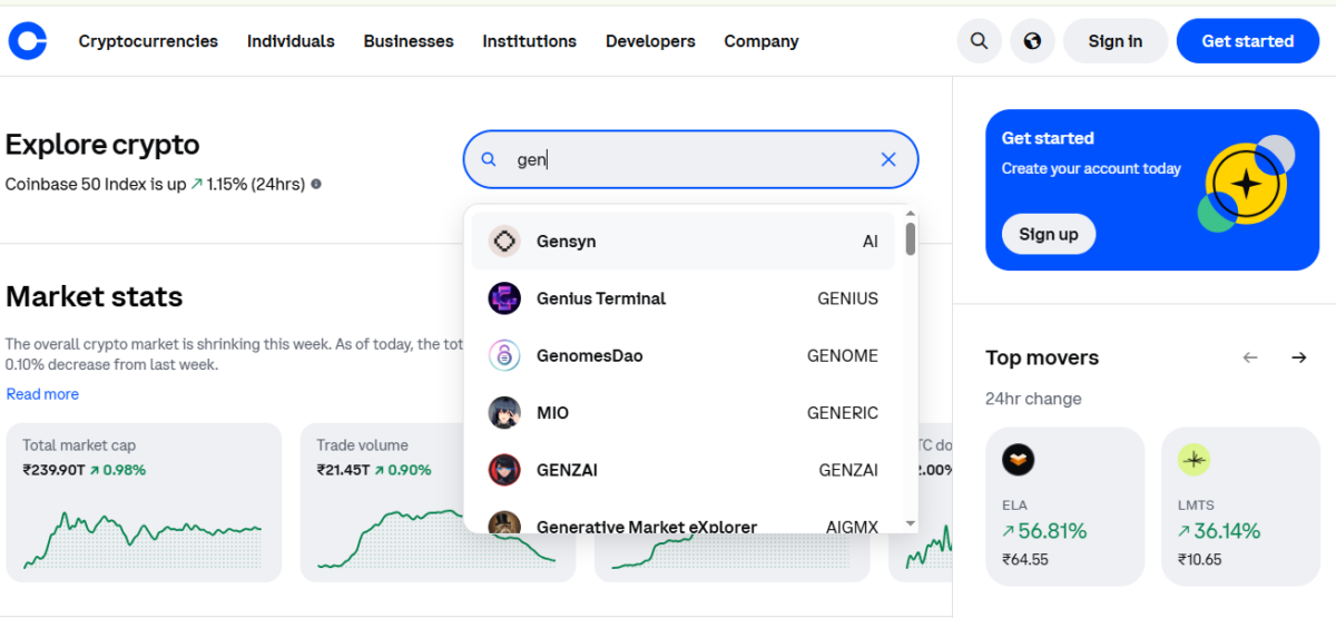 Coinbase search results for Gensyn token