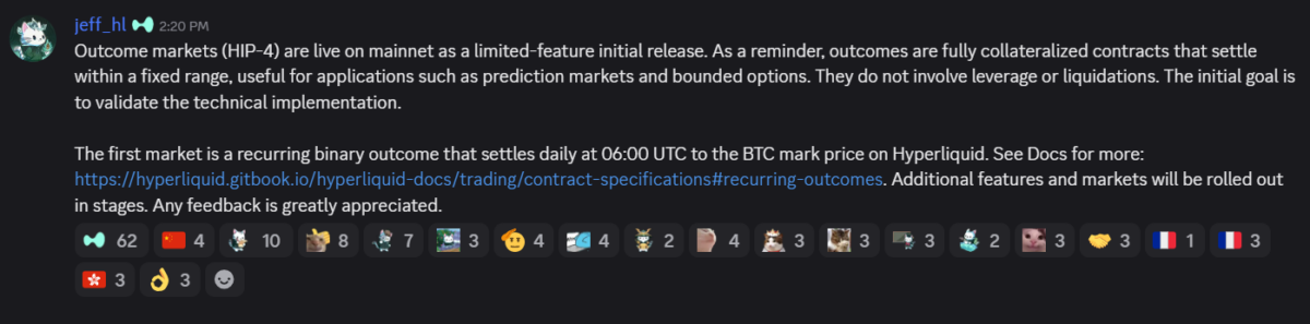 Hyperliquid Outcome Markets Mainnet Launch Announcement