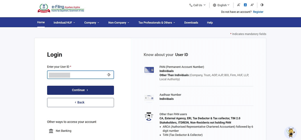 Income Tax e-Filing Portal login screen