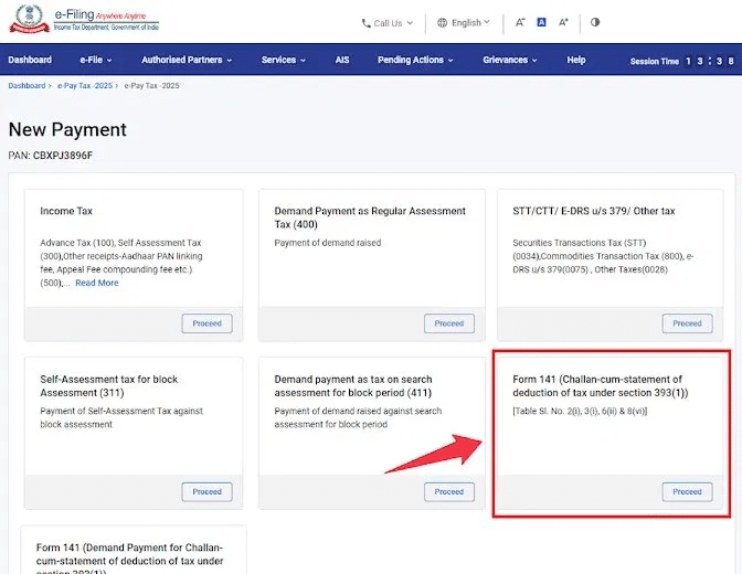 Locate the Form 141 tile on the New Payment page