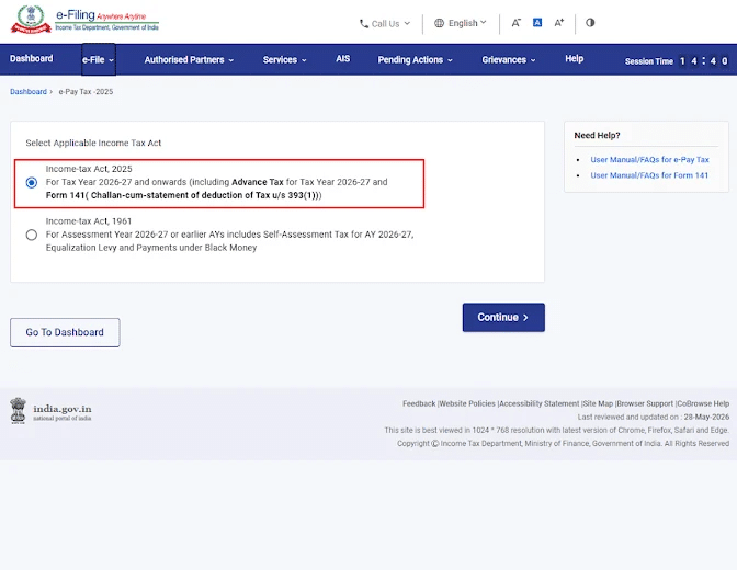 Select Income-tax Act, 2025 to access Form 141