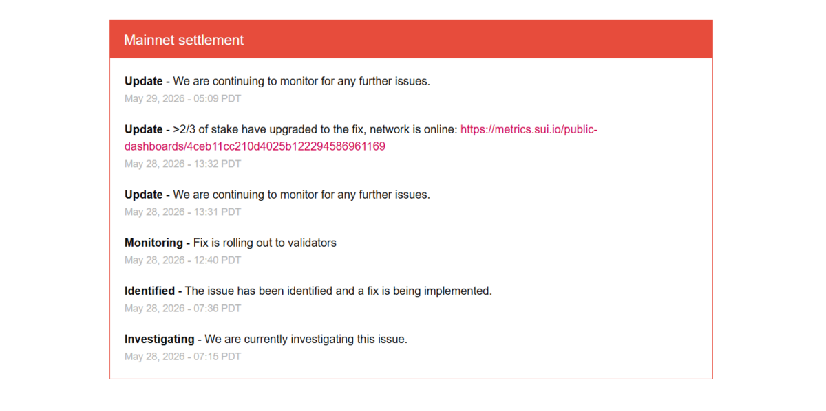 Sui mainnet outage incident status updates