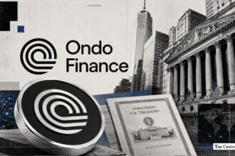 ONDO Finance logo and ONDO token coin with a tokenized U.S. Treasury bond and the New York Stock Exchange