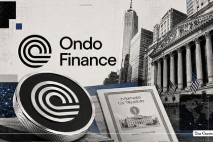 ONDO Finance logo and ONDO token coin with a tokenized U.S. Treasury bond and the New York Stock Exchange