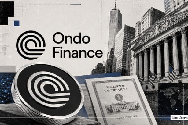 ONDO Finance logo and ONDO token coin with a tokenized U.S. Treasury bond and the New York Stock Exchange