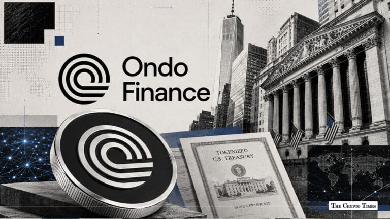 ONDO Finance logo and ONDO token coin with a tokenized U.S. Treasury bond and the New York Stock Exchange