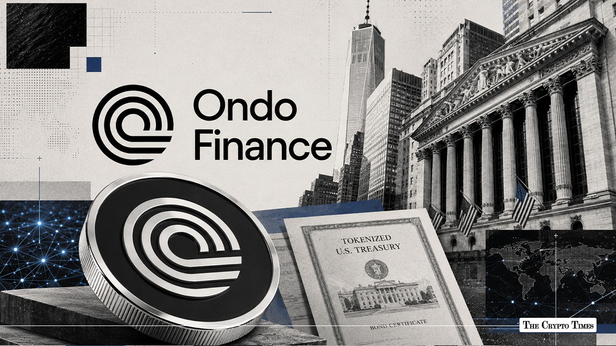 ONDO Finance logo and ONDO token coin with a tokenized U.S. Treasury bond and the New York Stock Exchange