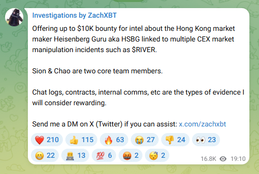 ZachXBT bounty announcement