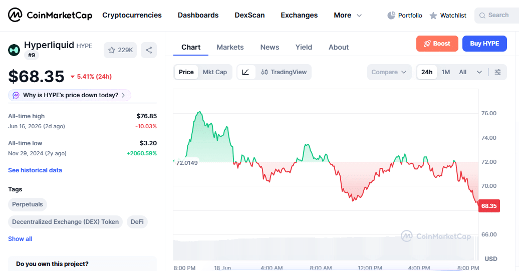 HYPE Price Movement | Source: CoinMarketCap