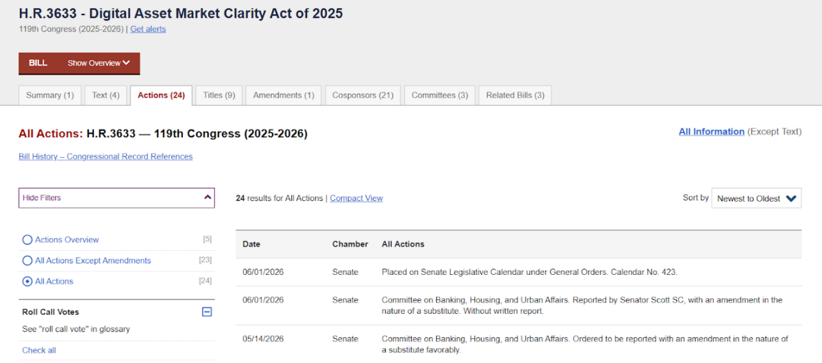 Screenshot of Clarity Act Progress, Source: Congress.gov