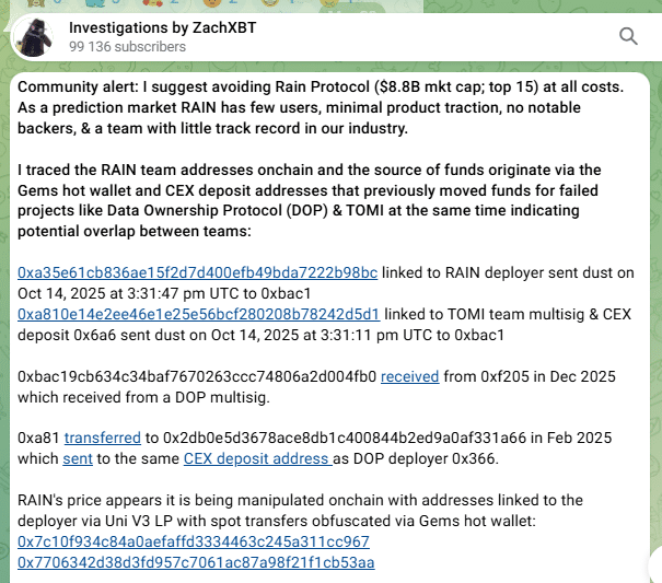 ZachXBT's warning on Rain Protocol