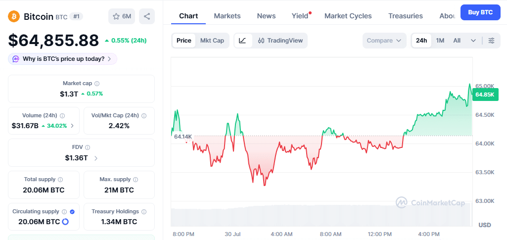 Bitcoin Price Chart on July 30 at 7:22 pm IST