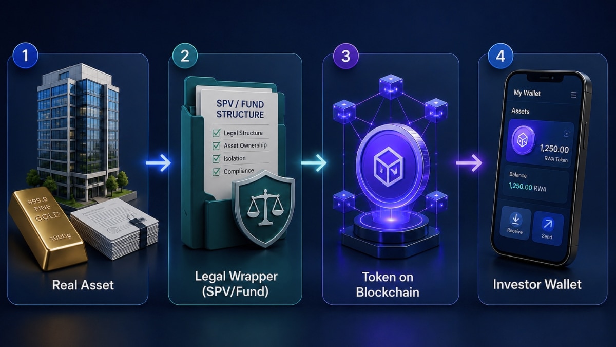 Diagram showing how a real-world asset is placed into a legal structure and represented as a blockchain token