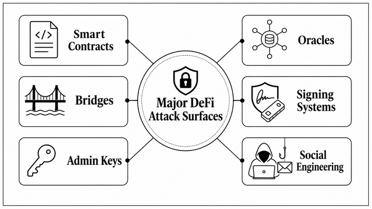 Major crypto attack surfaces including smart contracts bridges keys and oracles