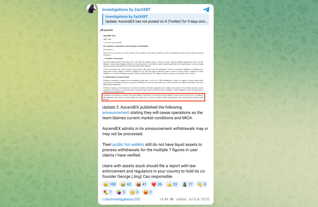Update shared by ZachXBT
