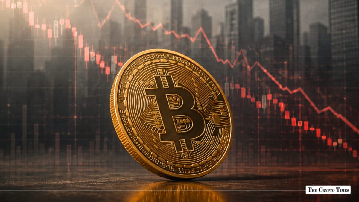 Gold Bitcoin coin in front of a declining red stock chart line over a blurred city skyline backdrop
