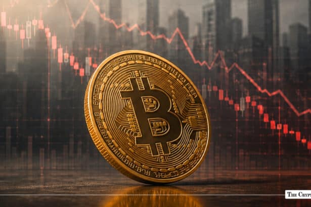 Gold Bitcoin coin in front of a declining red stock chart line over a blurred city skyline backdrop