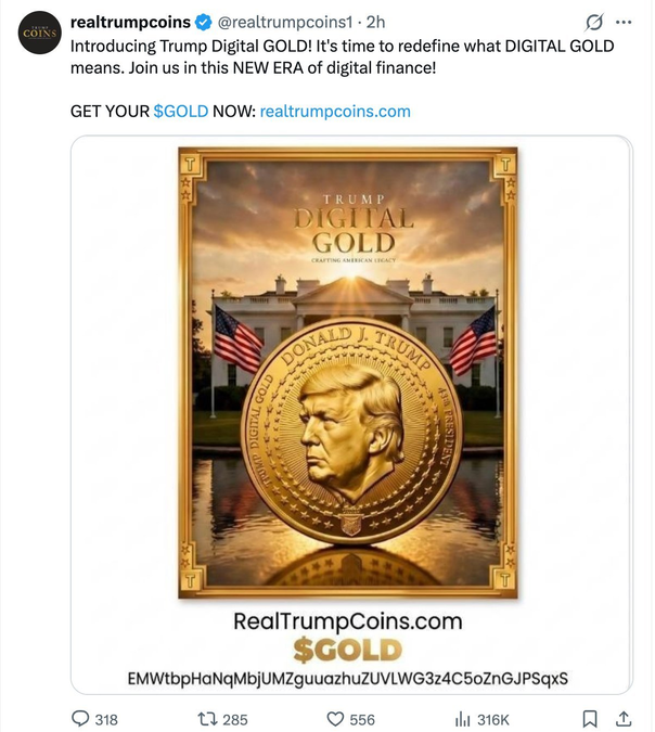 An X post by @realtrumpcoins promoting Trump Digital GOLD with artwork of a Trump coin before the White House