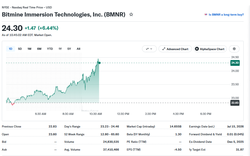 BMNR Price Movement on August 24 at 15:00 UTC