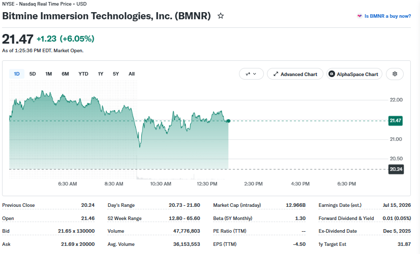 BMNR Price Performance on Aug 20 at 17:20 UTC