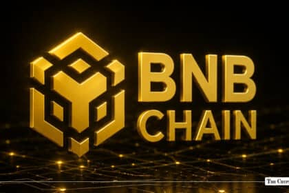 3D gold BNB Chain logo and text glowing over a dark digital network grid